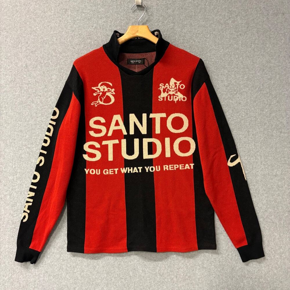 Santo Studio Knit Jersey Red Black Stripe Logo Mock Neck Shirt Medium NWT